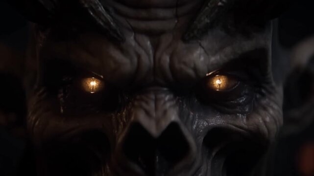 Slow push in close up of horned demon skull face with glowing amber eyes being revealed in shadowy cavern chamber interior