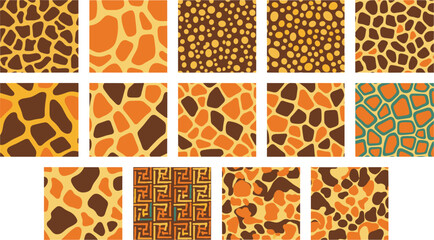 Giraffe skin pattern vector set featuring seamless animal print textures in orange brown tones for textile design © pappa