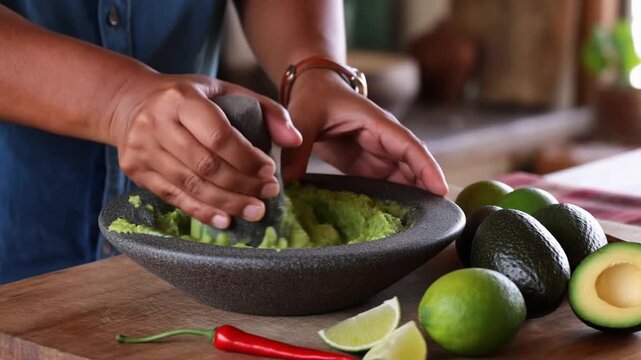 Closeup tracking shot of hands mashing avocado into guacamole in stone mortar on wooden kitchen countertop during home cooking preparation and chopping ingredients