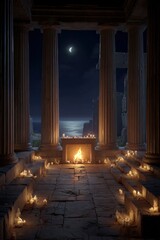 Fototapeta premium Space universe exploration, fantasy. A dramatic portrayal of an ancient temple at night, illuminated by a crescent moon. The temple features tall.
