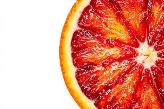 Vibrant macro shot of a fresh blood orange slice isolated on a white background. This high-resolution image showcases the juicy red texture and pulp of the healthy citrus fruit.