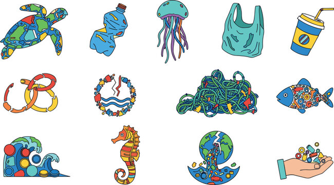 Ocean pollution concept illustrations with plastic waste marine animals and environmental awareness elements vector collection for eco design