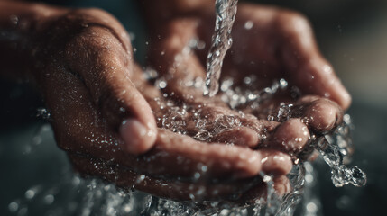 Fototapeta premium Close-up of hands cupping water droplets flowing from above, for themes about clean drinking water, hydration and health, environmental conservation, sustainability, personal hygiene