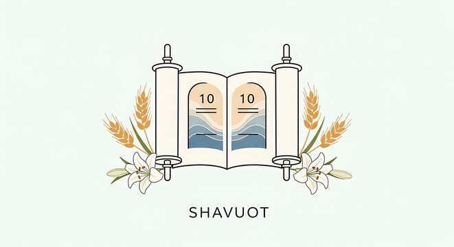 Shavuot holiday illustration with Torah scroll Ten Commandments wheat and lilies