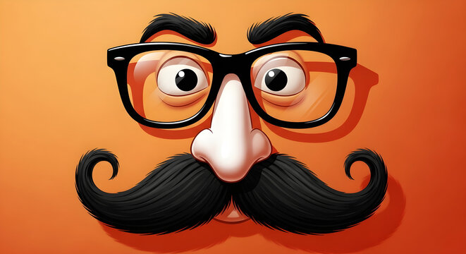 Cartoon face with glasses and mustache on orange background