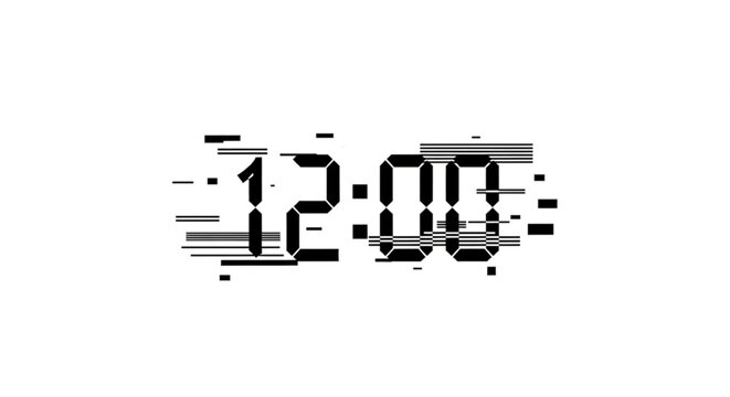 A distorted digital clock display showing 12:00 in a futuristic glitch art style