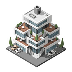 Fototapeta premium Isometric view of a modern, multi-story residential building with balconies, stairs, and parked cars.