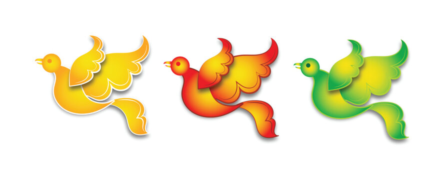 Flying Aurudu Koha Bird Vector Set &ndash; Sri Lankan New Year Asian Koel in Yellow, Red and Green Gradient Wing Design