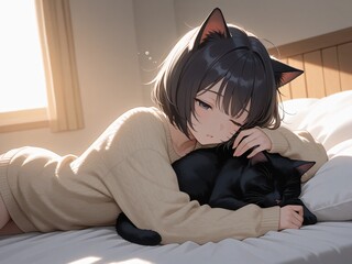 Obraz premium 美しい女性 黒髪 ショートヘアー 黒色の猫耳 猫の擬人化 セーターを着ている 長袖 眠そうな顔 ベッドの中 朝の日差し