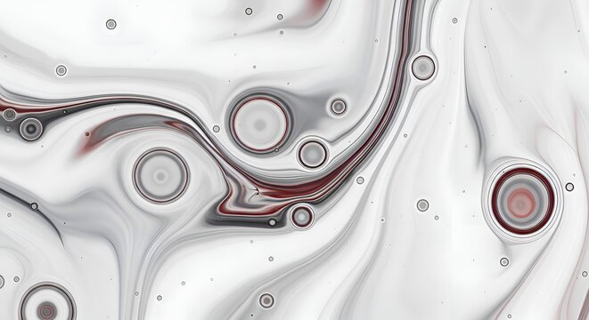 Swirling white liquid with red and gray circles