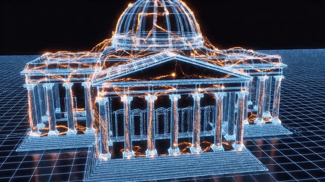 Wireframe classical building with glowing energy flows on columns