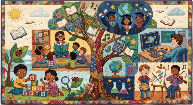 Education growth concept illustration in patchwork quilt style. Kindergarten to graduation education tree with diverse students
