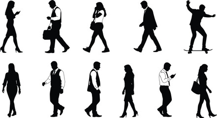 Fototapeta premium Black silhouettes of diverse business people walking talking on phones and skateboarding isolated on white background for urban lifestyle concepts