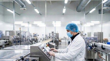 Naklejka premium Factory worker in protective gear operating machinery on an automated production line