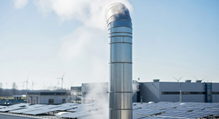 Obraz premium Low emission factory pipe emits steam into bright blue sky. Facility combines solar panels, wind turbines, showcasing low emission factory pipe design. Green industry.