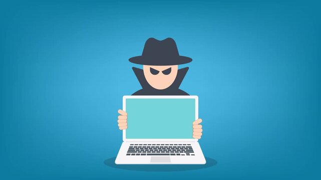 Hacker with laptop computer stealing confidential data, personal information and credit card detail. Hacking concept.	