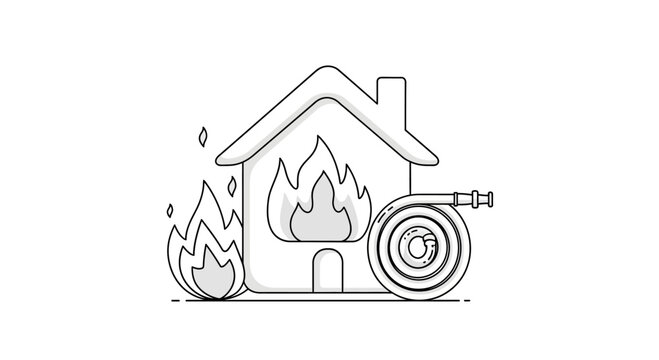 House on fire with burning flames.