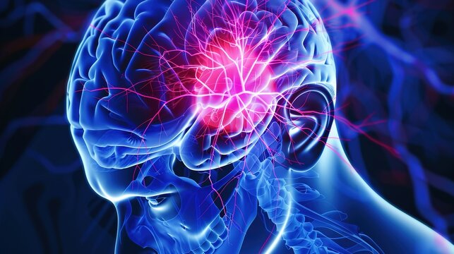 Medical illustration of Epilepsy, a chronic neurological disorder characterized by recurrent, unprovoked seizures caused by abnormal electrical activity in the brain. Seizure types vary widely