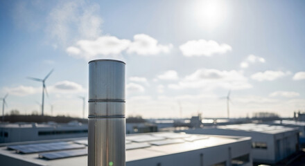 Obraz premium Stainless steel low emission factory pipe stands against bright blue sky, emitting minimal steam from modern industrial building. Building roof features solar panels and distant wind turbines.