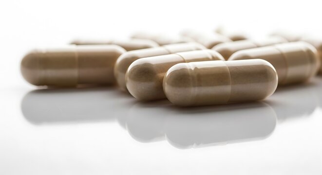Close-up of beige capsules scattered on a bright white surface, reflecting light