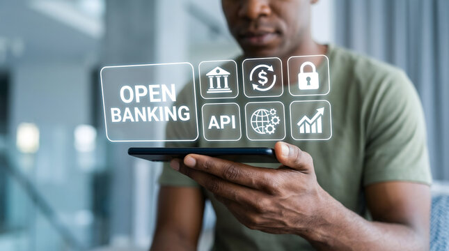 African American man interacts with a secure futuristic open banking interface on a smartphone displaying tech
