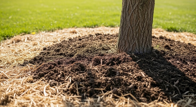 Close up view of organic mulching around tree trunk, showing layers of wood chips and dark soil. This organic mulching around tree provides essential nutrients, conserves soil moisture.