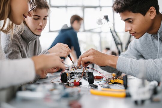 Group of high school students working together on a modern robotics project in a classroom laboratory for stem education and teamwork concepts