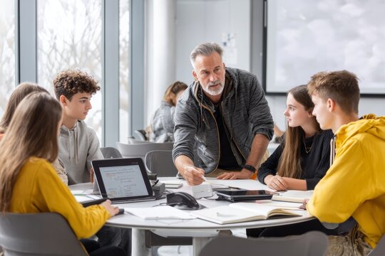 Senior male teacher leading a small group tutorial for teenage students in a modern classroom with tablets and notebooks for collaborative education concepts