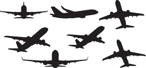 Diverse silhouettes of various types of commercial airplanes in flight. © khan