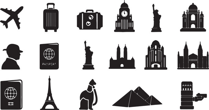 Iconic symbols representing travel and famous global landmarks