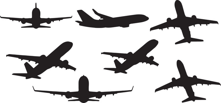 Diverse silhouettes of various types of commercial airplanes in flight.