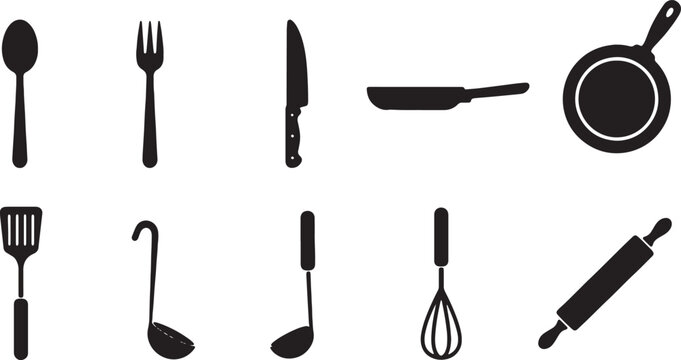 Assorted kitchen utensils and tools for cooking and baking displayed in black and white
