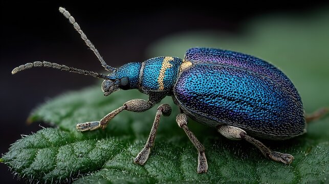 Macro Shot of Metallic Blue Dogbane Leaf Beetle (*Chrysochus auratus*) on Hairy Green Leaf, Iridescent Insect Close-Up, Natural Wildlife Detail