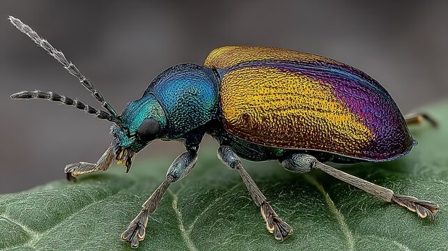 Vibrant Iridescent Metallic Leaf Beetle Macro Close-Up Resting on Green Leaf, Detailed Entomology Wildlife Insect with Colorful Textured Exoskeleton