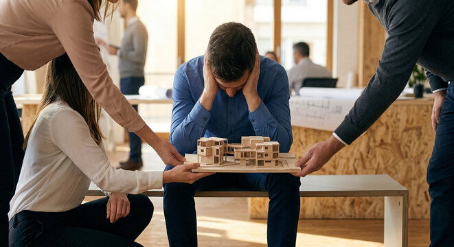 Stressed male architect sitting at desk with head in hands while colleagues present a wooden building model
