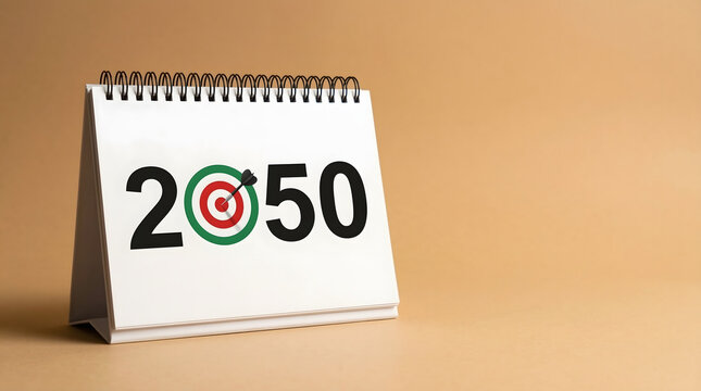 Desk calendar displaying the year 2050 with a dart hitting a bullseye target symbolizing future goals and achi