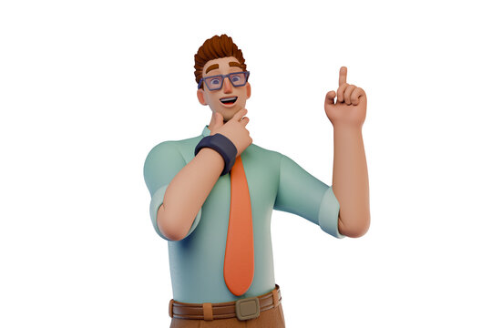 Businessman Cartoon Character Pointing Up While Thinking and Presenting an Idea