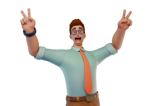 3D man character making victory V-sign gesture, young cartoon guy with thumb up celebrating win