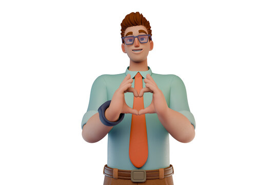 3D cartoon man making heart gesture. Smiling young character showing love symbol