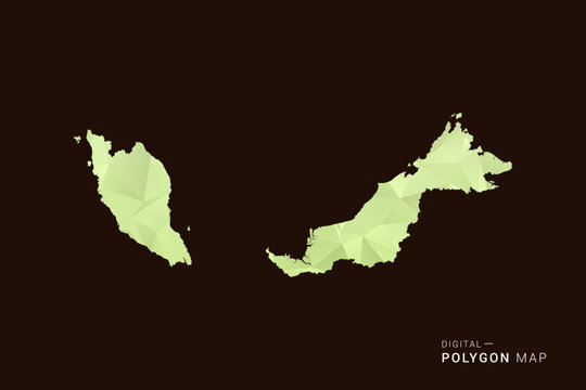 Malaysia Map - Low poly polygon map in soft light green gradient on dark brown background, modern minimal geometric style, clean abstract vector illustration design.