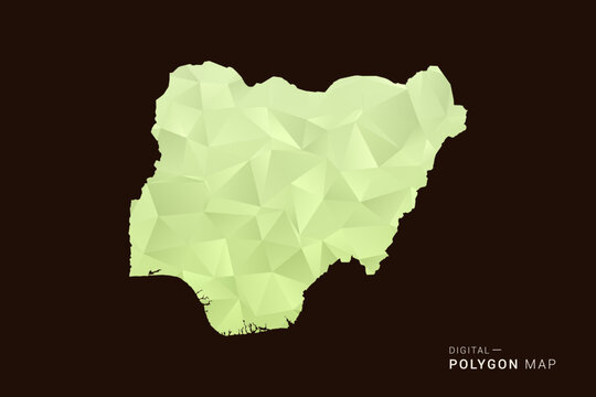 Nigeria Map - Low poly polygon map in soft light green gradient on dark brown background, modern minimal geometric style, clean abstract vector illustration design.