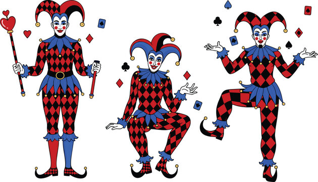 Colorful Harlequin Joker Characters Set with Playing Cards and Staff in Carnival Costume for Circus, Casino, Theater, and Entertainment Vector Illustration