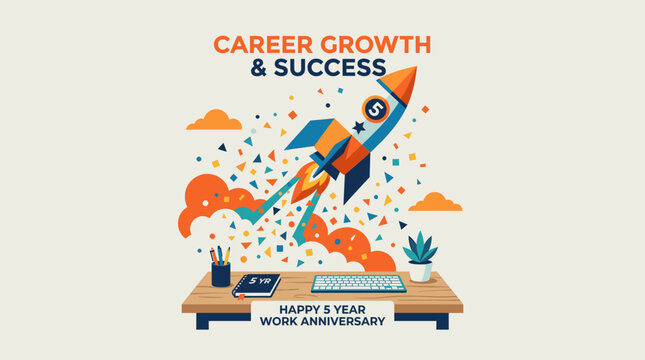 Career Growth and Success Concept with Rocket Launch and Office Desk