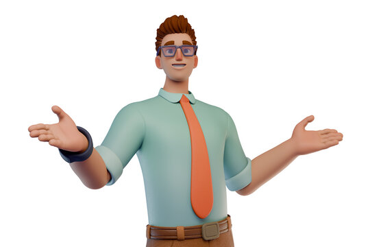 3D Friendly Cartoon Businessman Character Presenting With Open Arms 