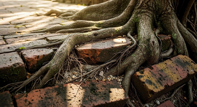 Massive tree roots breaking brick path, pushing through old weathered pavement. Resilient roots breaking brick path powerfully show nature's strength.