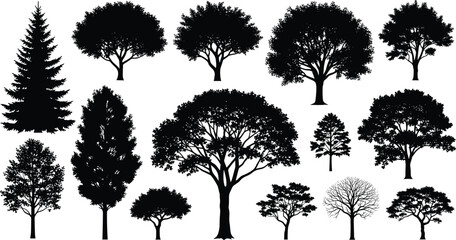 Fototapeta premium Black tree silhouettes collection featuring oak, pine, maple, and forest species for landscape design, nature environment, ecology, outdoors, and architectural visualization.