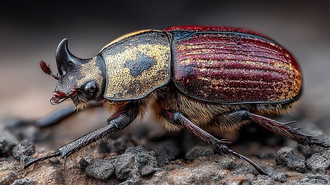 Detailed Macro Close-Up of Male Rhinoceros Beetle with Textured Iridescent Exoskeleton Crawling on Rocky Earth Ground, Wild Tropical Insect in Natural Habitat