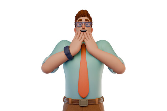 3d Surprised Businessman. Cartoon Character Expressing Shock And Excitement