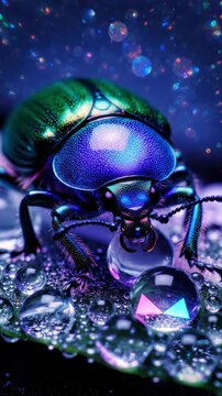 Iridescent jewel beetle sitting on wet surface with crystal clear water drops, vibrant macro nature, exotic insect beauty, sparkling bokeh background, bioluminescent glow wildlife concept.