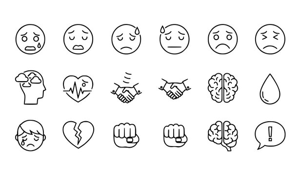 Anxiety line icons set with nervous sad worried stressed face and mental health editable vector symbols
